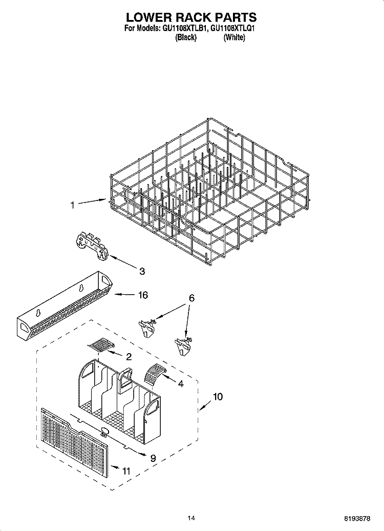 LOWER RACK PARTS Diagram and Parts List for GU1108XTLB1  Whirlpool Dishwasher