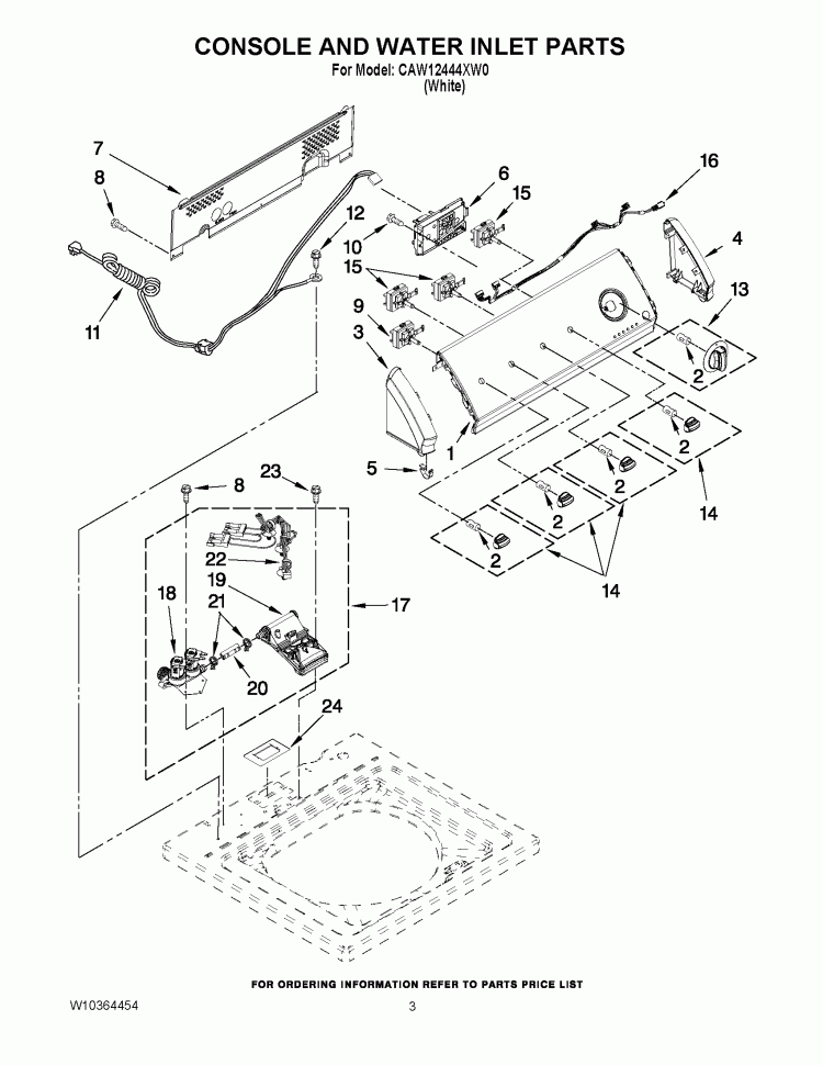CONSOLE AND WATER INLET PARTS Diagram and Parts List for CAW12444XW0  Whirlpool Washer