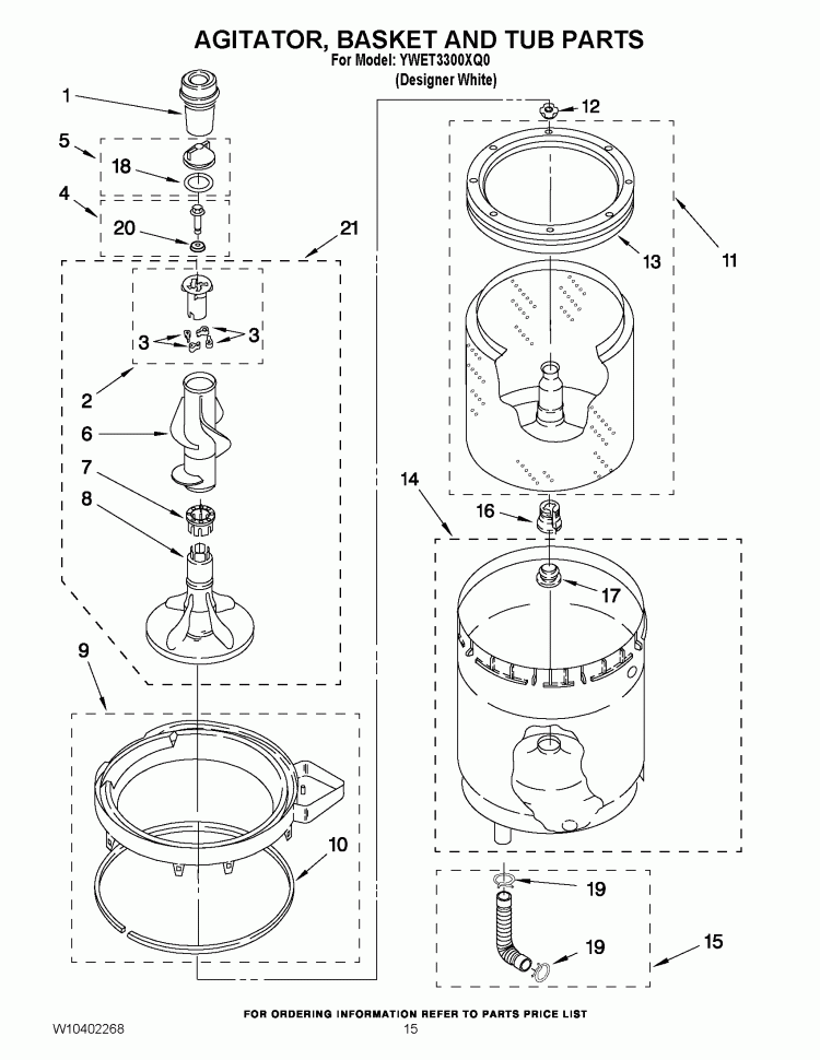 AGITATOR, BASKET AND TUB PARTS Diagram and Parts List for YWET3300XQ0  Whirlpool Washer Dryer Combo