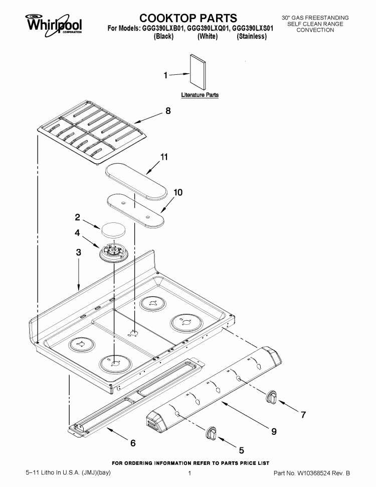 COOKTOP PARTS Diagram and Parts List for GGG390LXQ01  Whirlpool Range