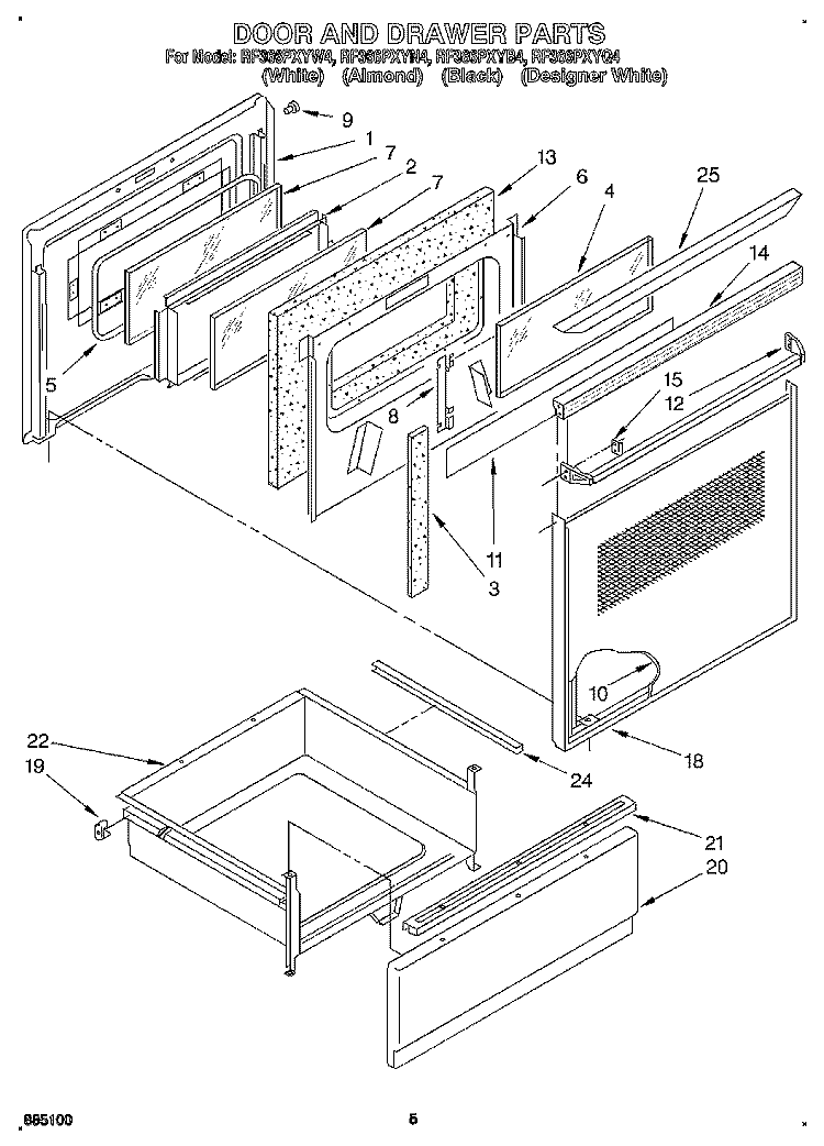 DOOR AND DRAWER Diagram and Parts List for RF366PXYN4  Whirlpool Range