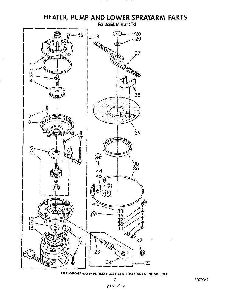 HEATER, PUMP, AND LOWER SPRAY ARM Diagram and Parts List for DU8350XT3  Whirlpool Dishwasher