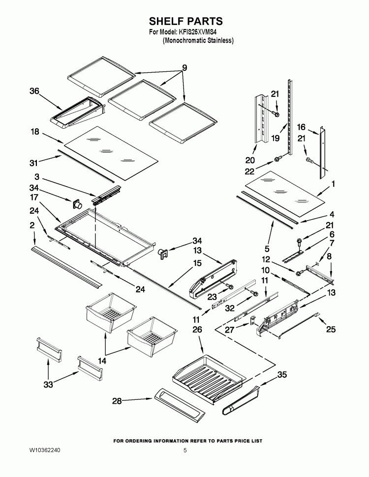 SHELF PARTS Diagram and Parts List for KFIS25XVMS4  KitchenAid Refrigerator