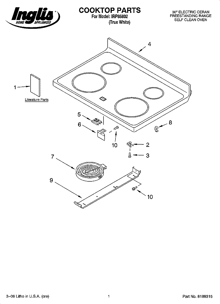 COOKTOP PARTS Diagram and Parts List for IRP85802  Inglis Range