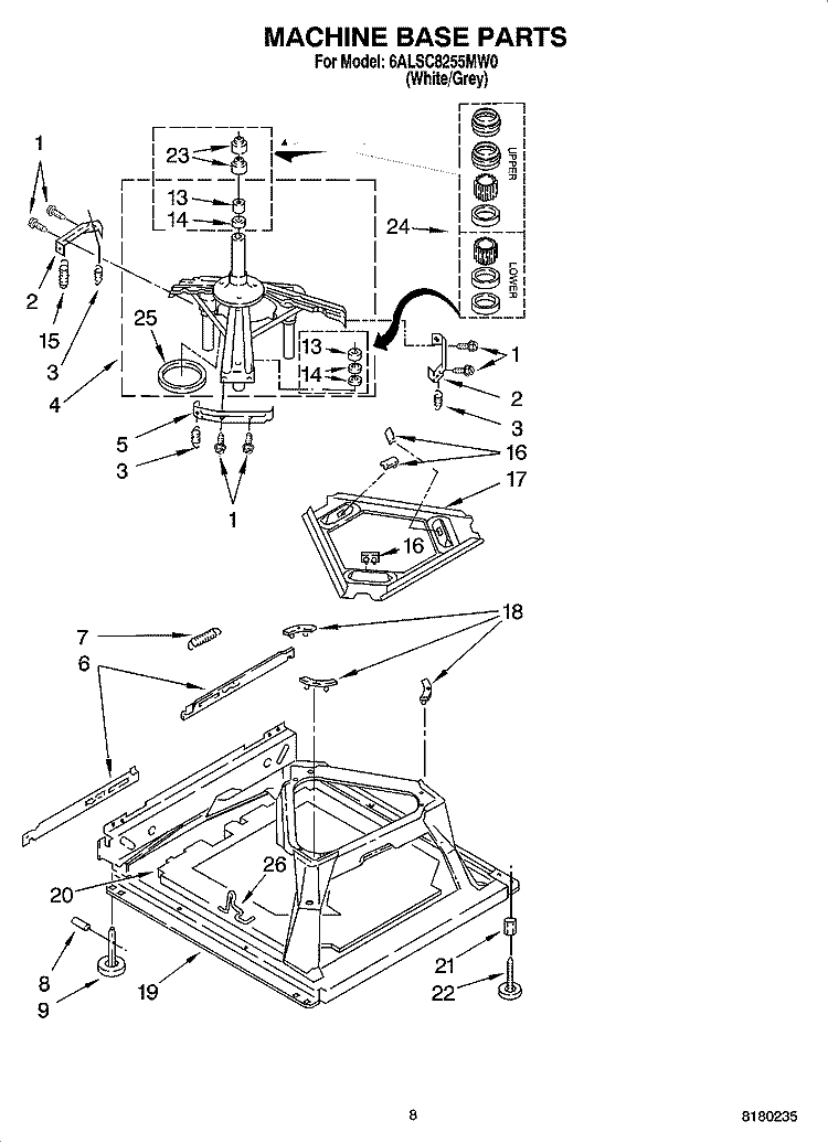 MACHINE BASE PARTS Diagram and Parts List for 6ALSC8255MW0  Whirlpool Washer