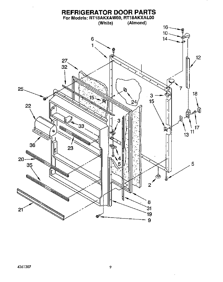 REFRIGERATOR DOOR, LIT/OPTIONAL Diagram and Parts List for RT18AKXAW00  Roper Refrigerator