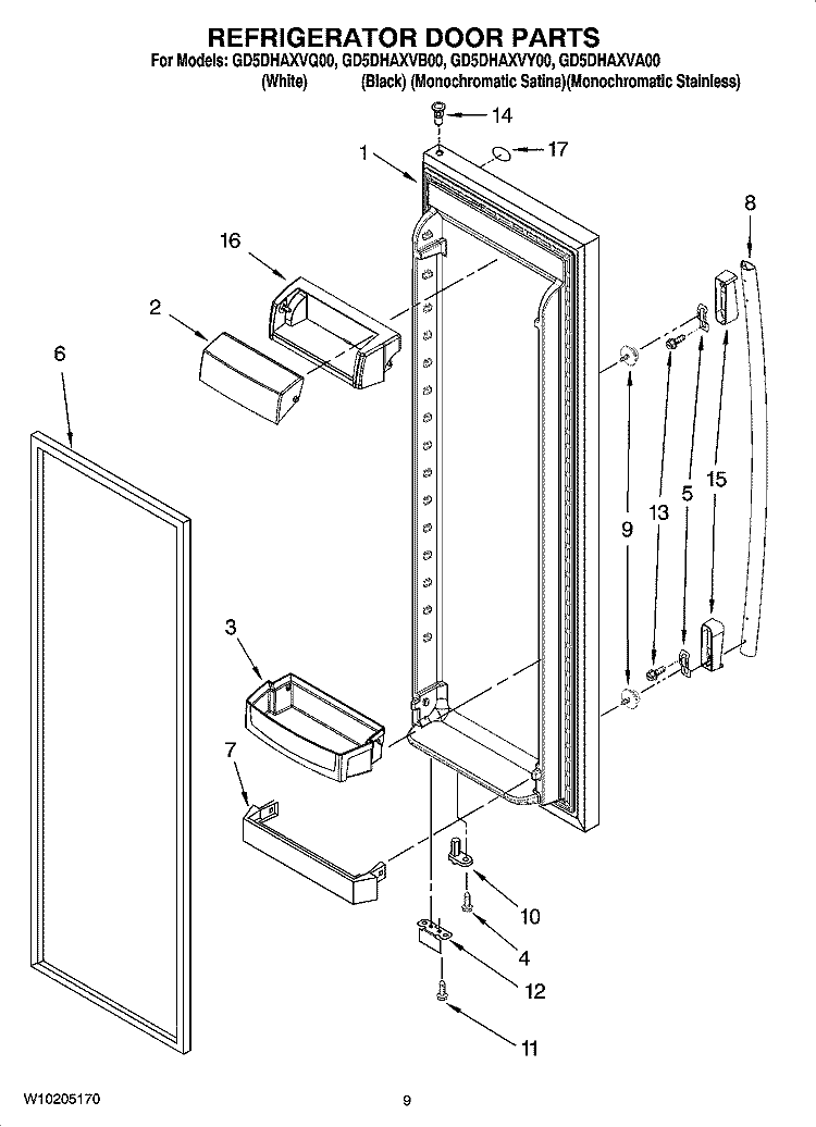 REFRIGERATOR DOOR PARTS Diagram and Parts List for GD5DHAXVY00  Whirlpool Refrigerator