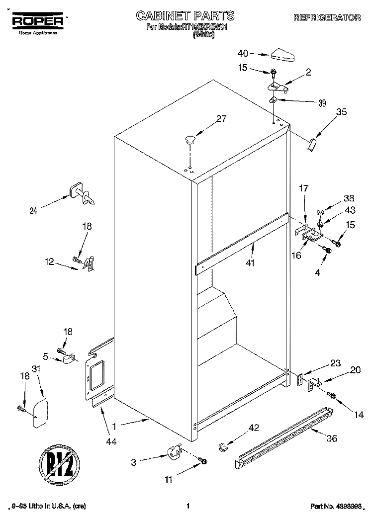 CABINET Diagram and Parts List for RT18EKREW01  Roper Refrigerator