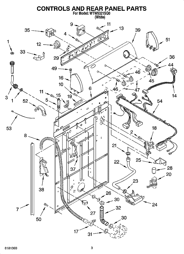 CONTROLS AND REAR PANEL PARTS Diagram and Parts List for WTW5321SQ0  Whirlpool Washer