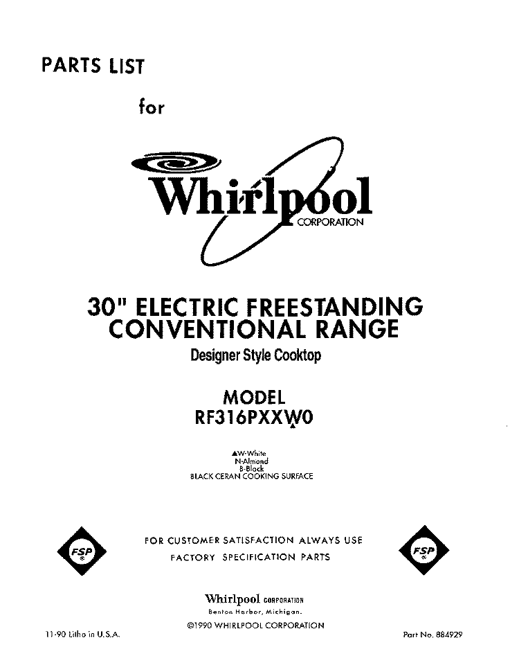 FRONT COVER Diagram and Parts List for RF316PXXN0  Whirlpool Range