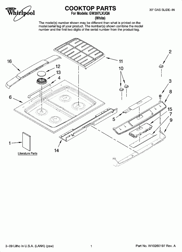 COOKTOP PARTS Diagram and Parts List for GW397LXUQ6  Whirlpool Range