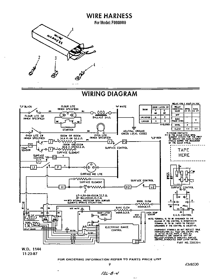 WIRE HARNESS , WIRING DIAGRAM Diagram and Parts List for F9808L0  Roper Range