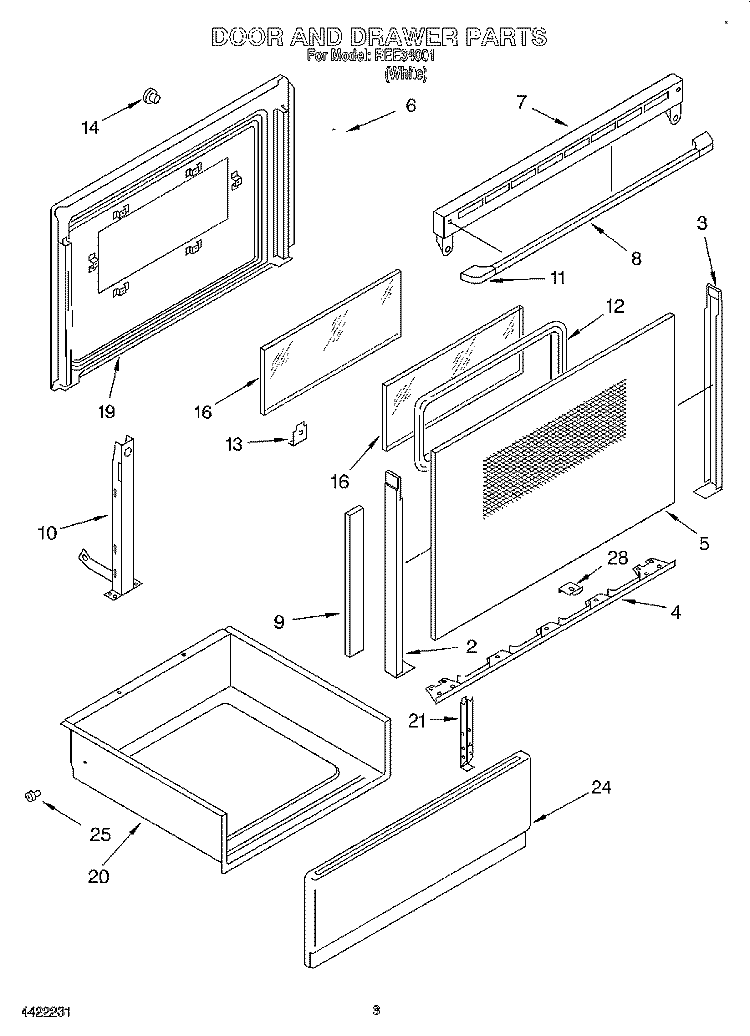 DOOR AND DRAWER Diagram and Parts List for REE34001  Roper Range