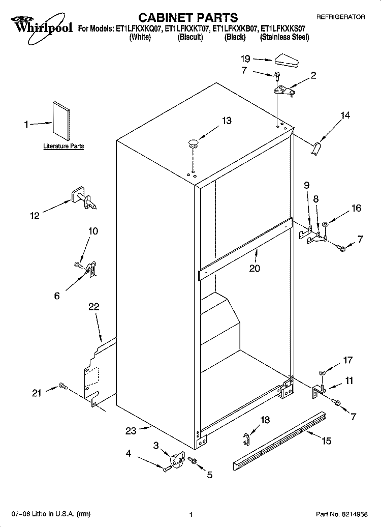 CABINET PARTS Diagram and Parts List for ET1LFKXKS07  Whirlpool Refrigerator