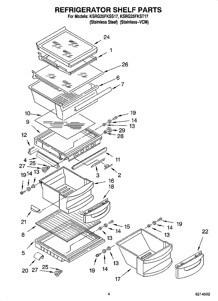 REFRIGERATOR SHELF PARTS Diagram and Parts List for KSRG25FKSS17  KitchenAid Refrigerator