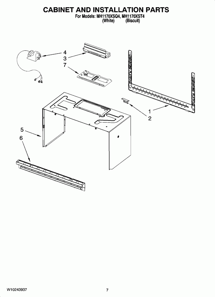 CABINET AND INSTALLATION PARTS Diagram and Parts List for MH1170XST4  Whirlpool Microwave