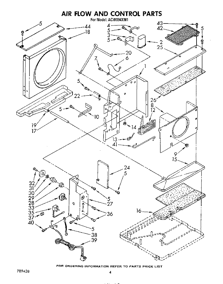 AIRFLOW AND CONTROL Diagram and Parts List for ACW094XM1  Whirlpool Air Conditioner