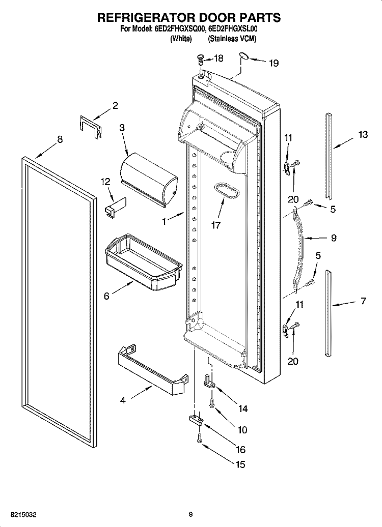 REFRIGERATOR DOOR PARTS Diagram and Parts List for 6ED2FHGXSL00  Whirlpool Refrigerator