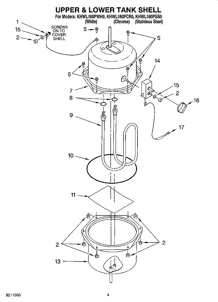 UPPER & LOWER TANK SHELL Diagram and Parts List for KHWL160PCR0  KitchenAid Miscellaneous