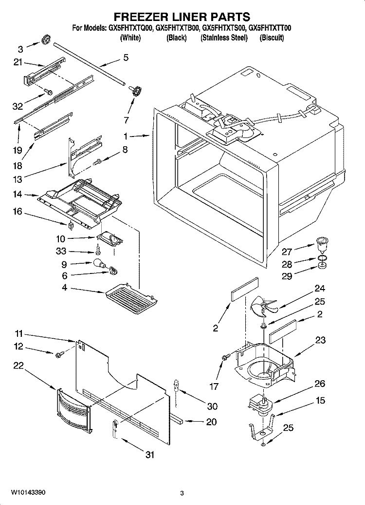 FREEZER LINER PARTS Diagram and Parts List for GX5FHTXTQ00  Whirlpool Refrigerator