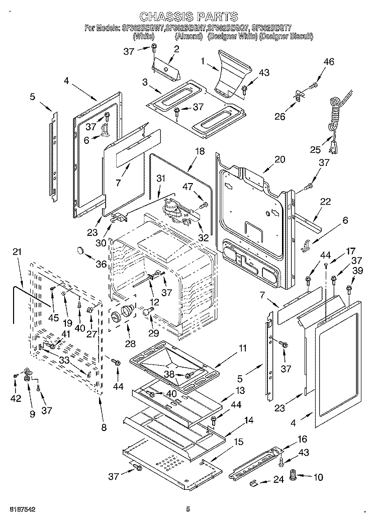 CHASSIS Diagram and Parts List for SF362BEGQ7  Whirlpool Range