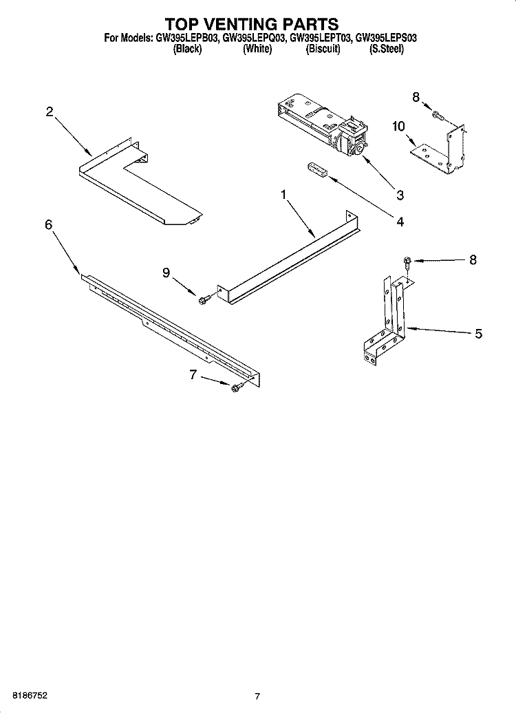 TOP VENTING PARTS Diagram and Parts List for GW395LEPS03  Whirlpool Range