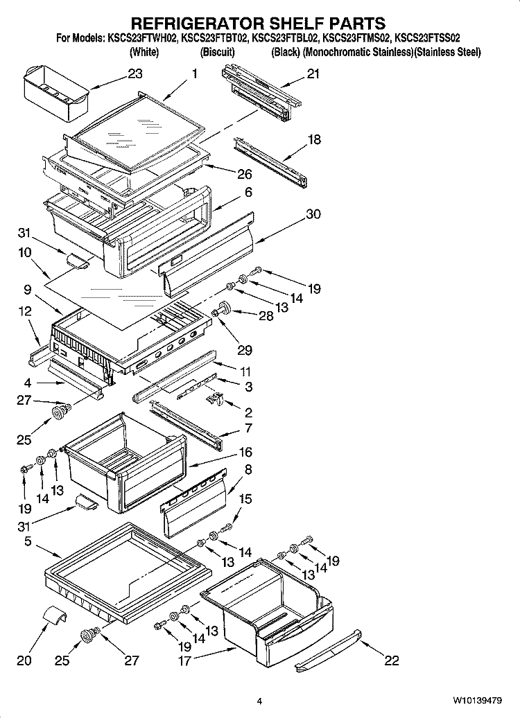 REFRIGERATOR SHELF PARTS Diagram and Parts List for KSCS23FTMS02  KitchenAid Refrigerator