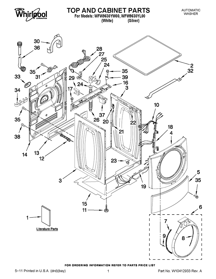 TOP AND CABINET PARTS Diagram and Parts List for WFW9630YL00  Whirlpool Washer