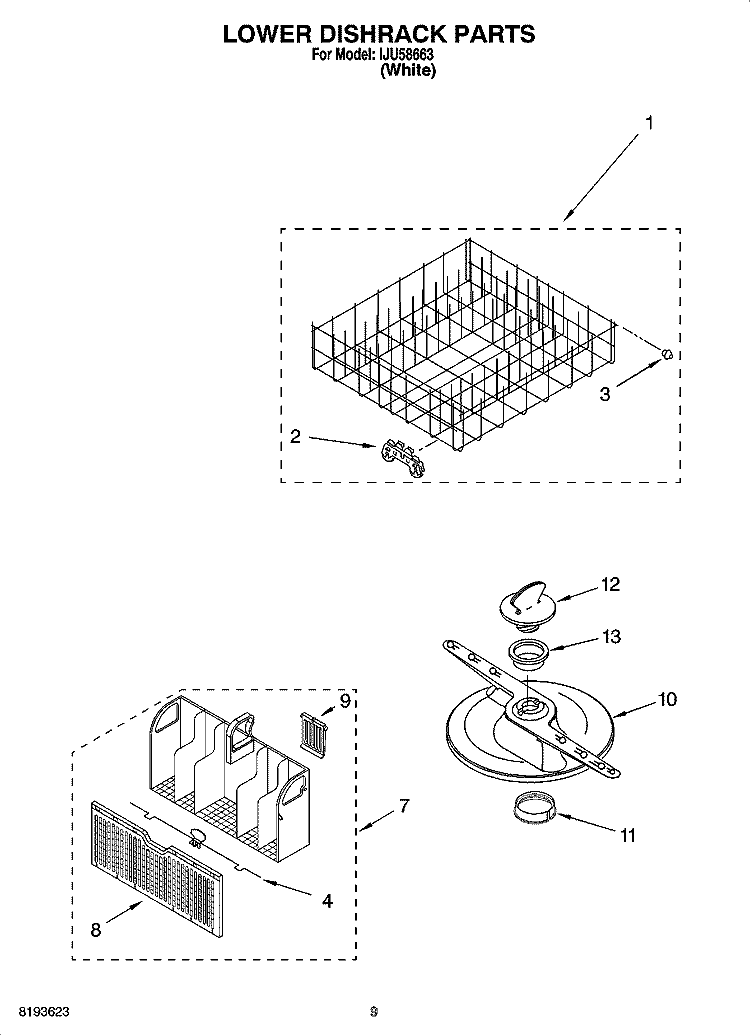 LOWER DISHRACK PARTS Diagram and Parts List for IJU58663  Inglis Dishwasher