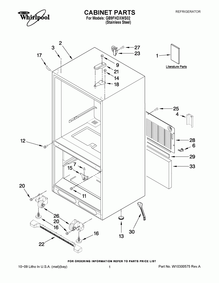 CABINET PARTS Diagram and Parts List for GB9FHDXWS02  Whirlpool Refrigerator