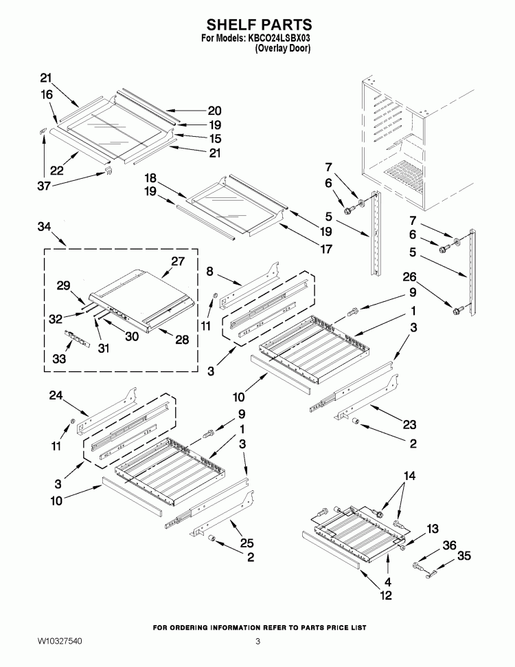 SHELF PARTS Diagram and Parts List for KBCO24LSBX03  KitchenAid Wine and Beverage Cooler