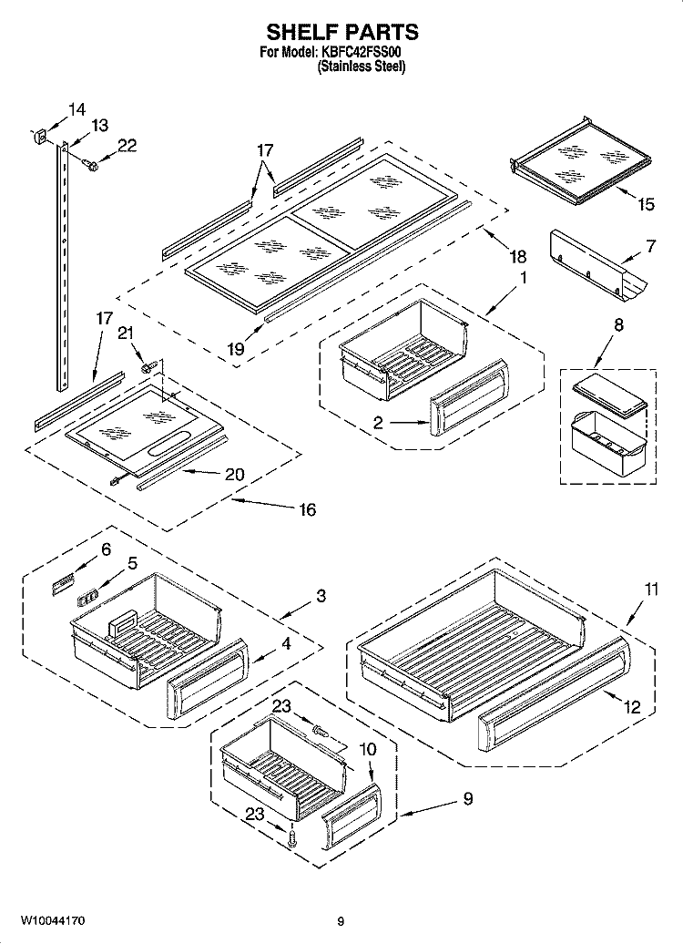 SHELF PARTS Diagram and Parts List for KBFC42FSS00  KitchenAid Refrigerator