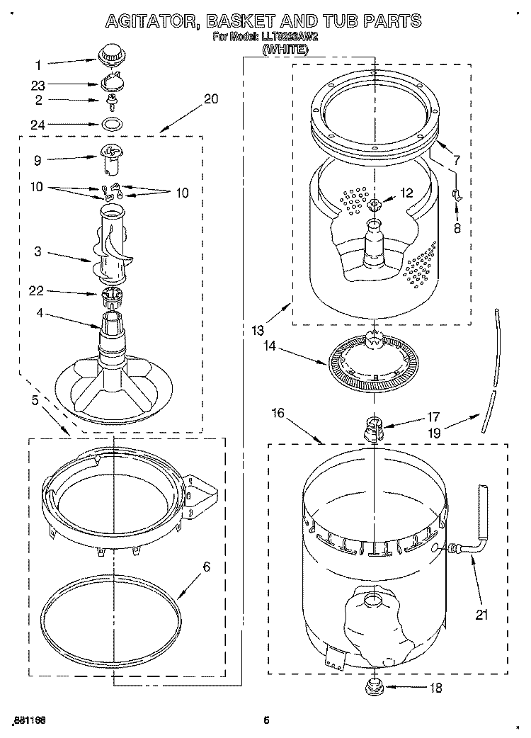 AGITATOR, BASKET AND TUB Diagram and Parts List for LLT8233AW2  Whirlpool Washer
