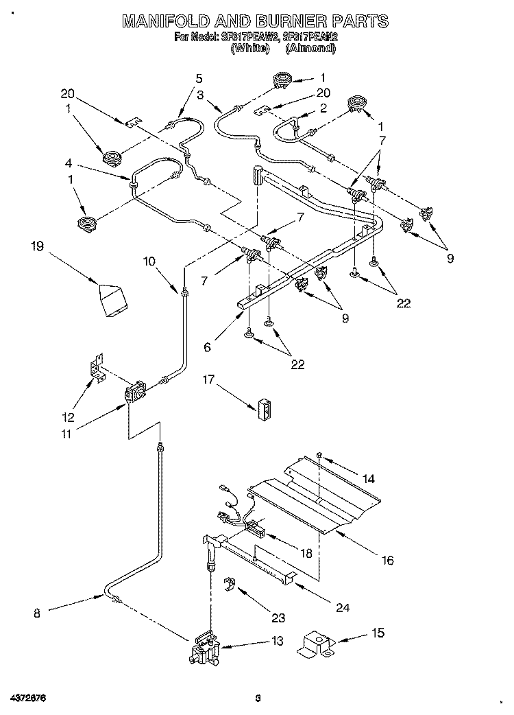 MANIFOLD AND BURNER Diagram and Parts List for SF317PEAW2  Whirlpool Range