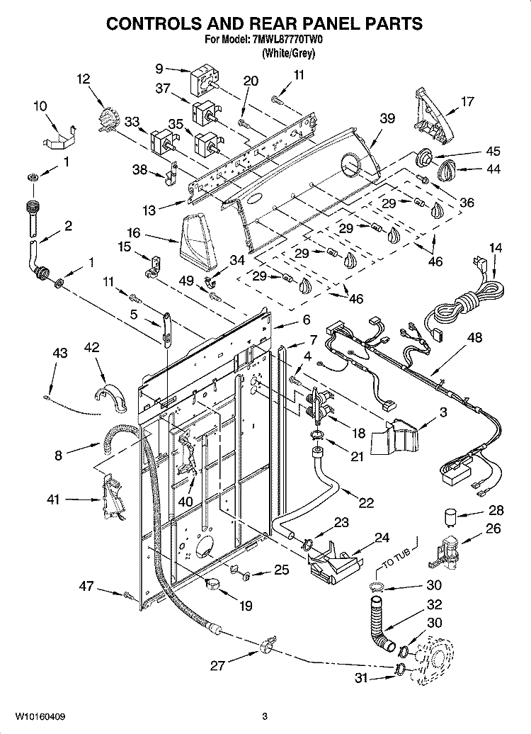 CONTROLS AND REAR PANEL PARTS Diagram and Parts List for 7MWL87770TW0  Whirlpool Washer