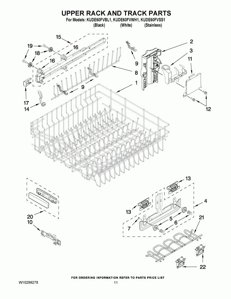 UPPER RACK AND TRACK PARTS Diagram and Parts List for KUDE60FVSS1  KitchenAid Dishwasher