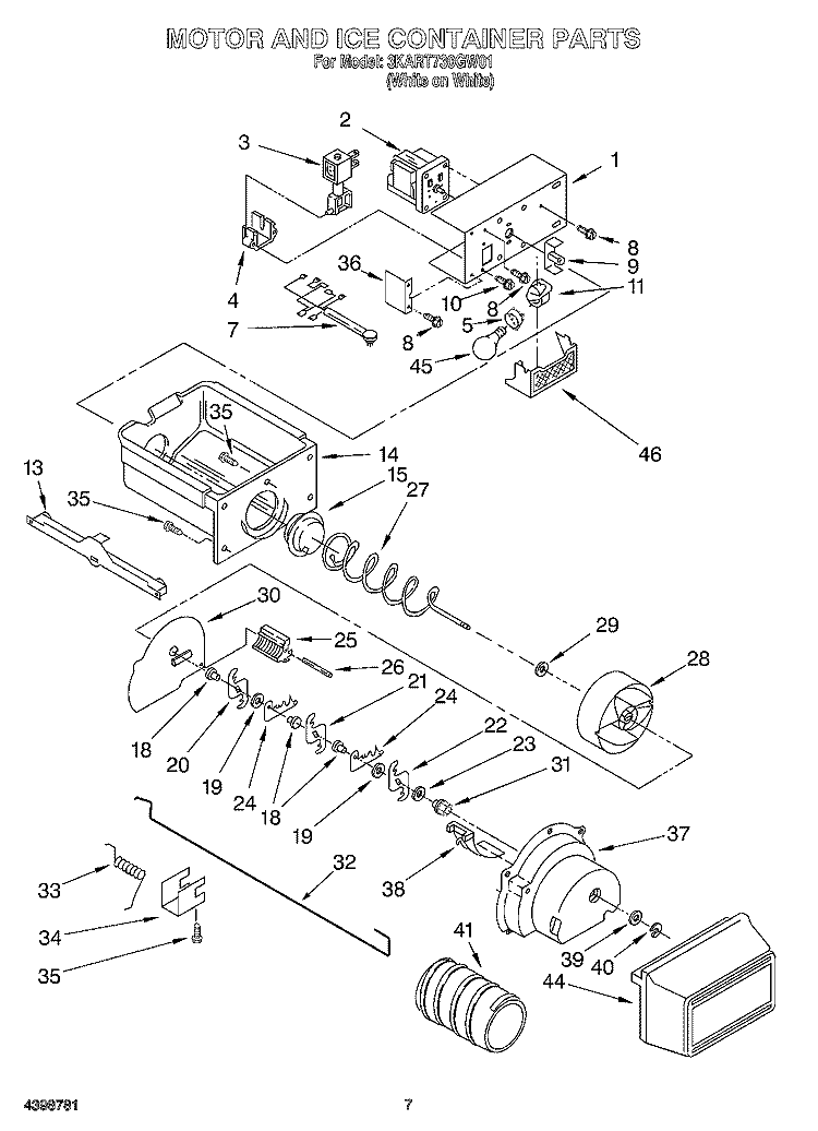 MOTOR AND ICE CONTAINER Diagram and Parts List for 3KART730GW01  Whirlpool Refrigerator