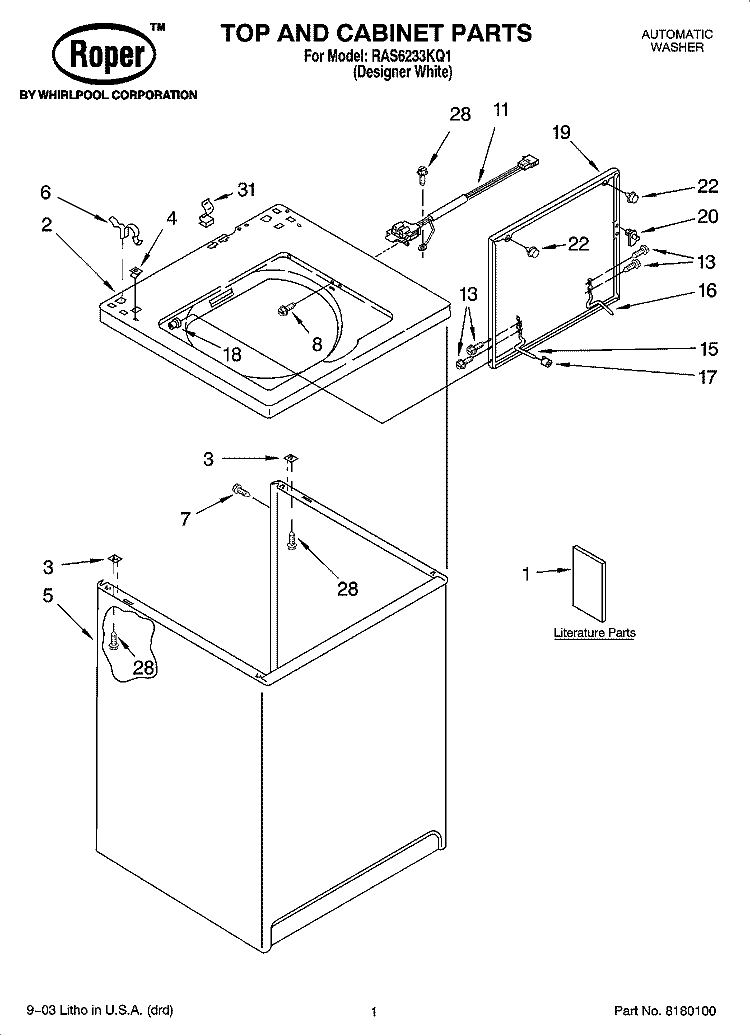TOP AND CABINET PARTS Diagram and Parts List for RAS6233KQ1  Roper Washer