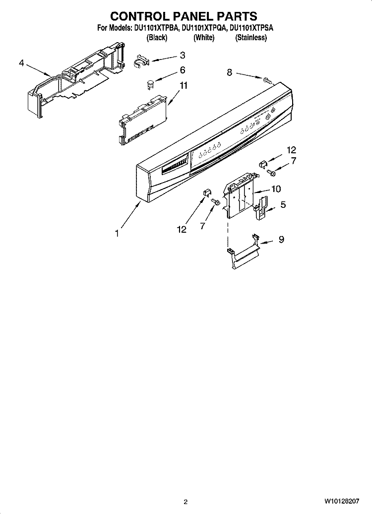 CONTROL PANEL PARTS Diagram and Parts List for DU1101XTPSA  Whirlpool Dishwasher
