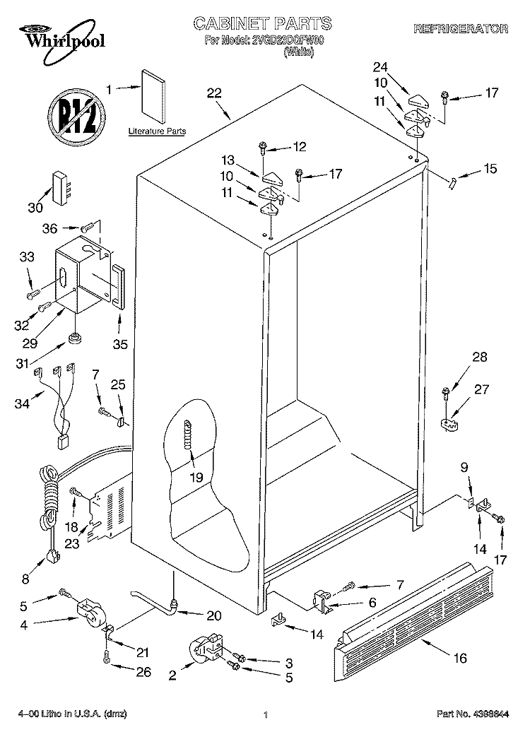 CABINET, LITERATURE Diagram and Parts List for 2VGD23DQFW00  Whirlpool Refrigerator