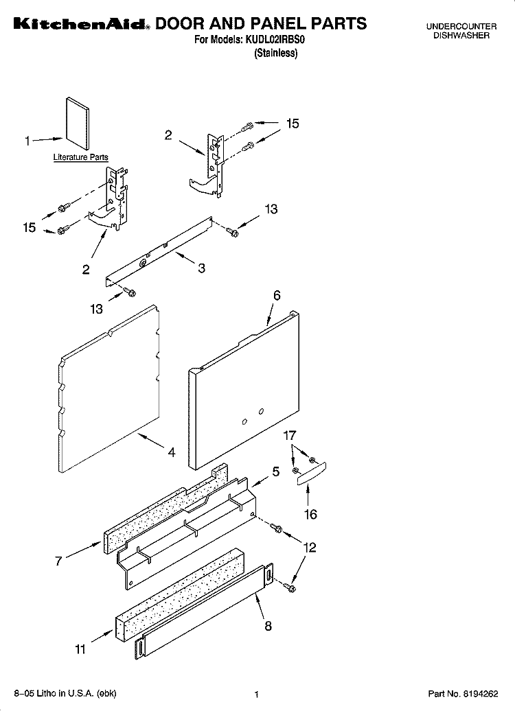 DOOR AND PANEL PARTS Diagram and Parts List for KUDL02IRBS0  KitchenAid Dishwasher