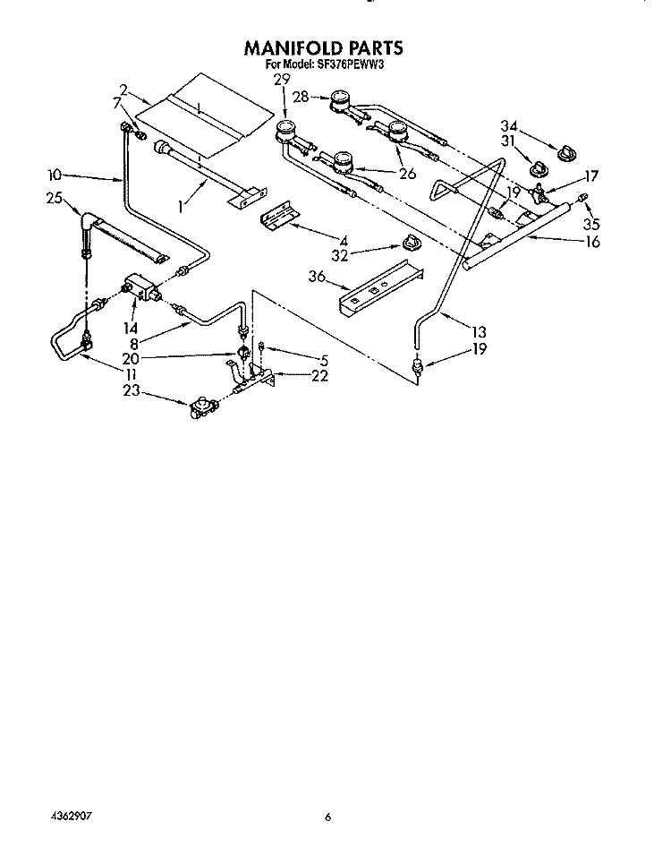 MANIFOLD Diagram and Parts List for SF376PEWW3  Whirlpool Range