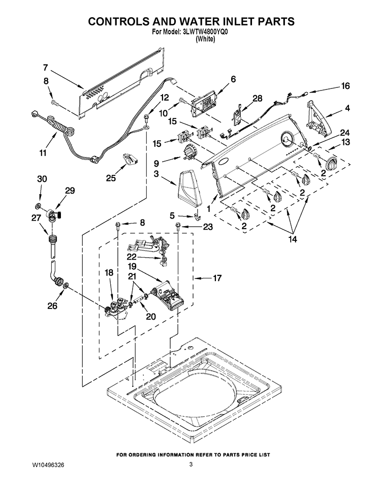 CONTROLS AND WATER INLET PARTS Diagram and Parts List for 3LWTW4800YQ0  Whirlpool Washer