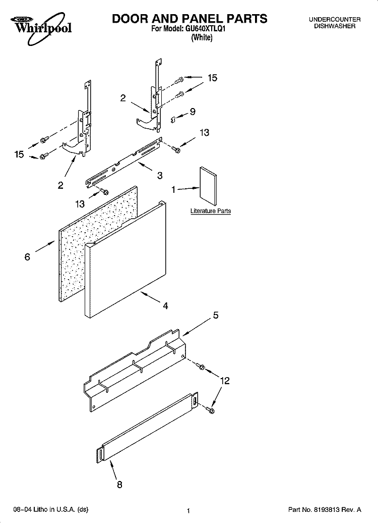 DOOR AND PANEL PARTS Diagram and Parts List for GU640XTLQ1  Whirlpool Dishwasher