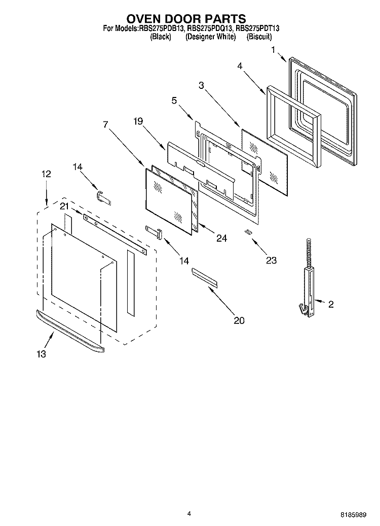 OVEN DOOR Diagram and Parts List for RBS275PDT13  Whirlpool Wall Oven