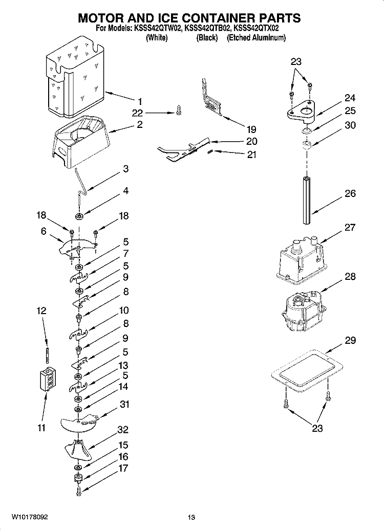 MOTOR AND ICE CONTAINER PARTS Diagram and Parts List for KSSS42QTB02  KitchenAid Refrigerator