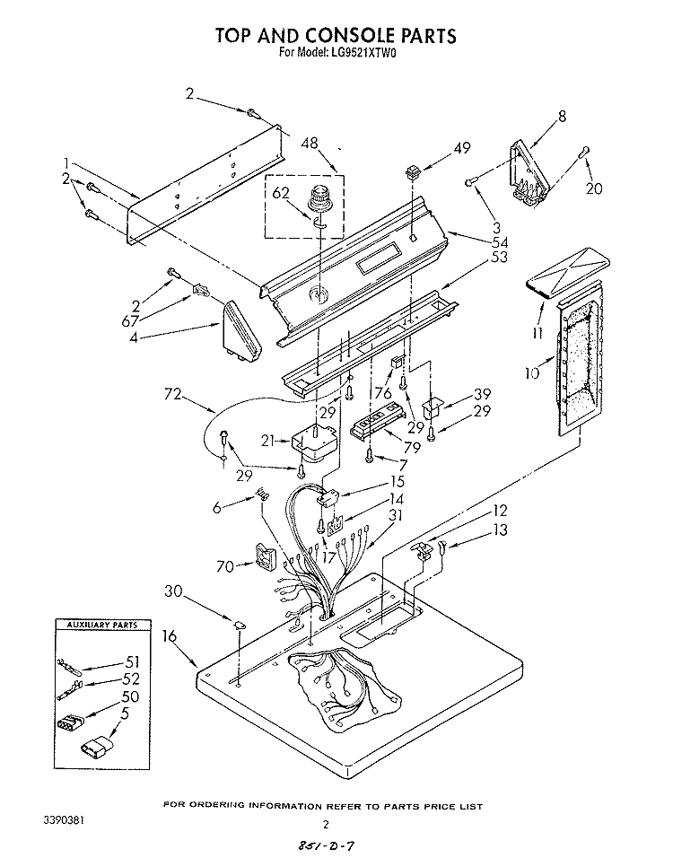 TOP AND CONSOLE , LITERATURE AND OPTIONAL Diagram and Parts List for LG9521XTW0  Whirlpool Dryer
