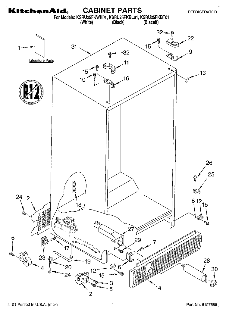 CABINET, LITERATURE Diagram and Parts List for KSRU25FKWH01  KitchenAid Refrigerator