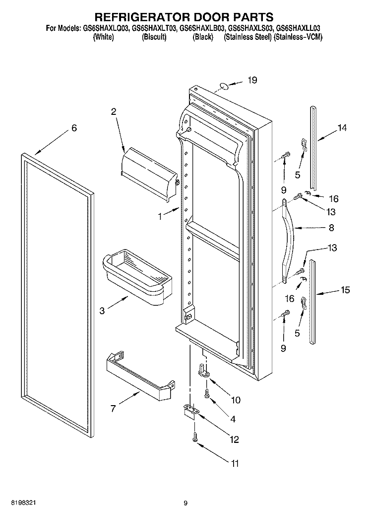 REFRIGERATOR DOOR PARTS Diagram and Parts List for GS6SHAXLS03  Whirlpool Refrigerator