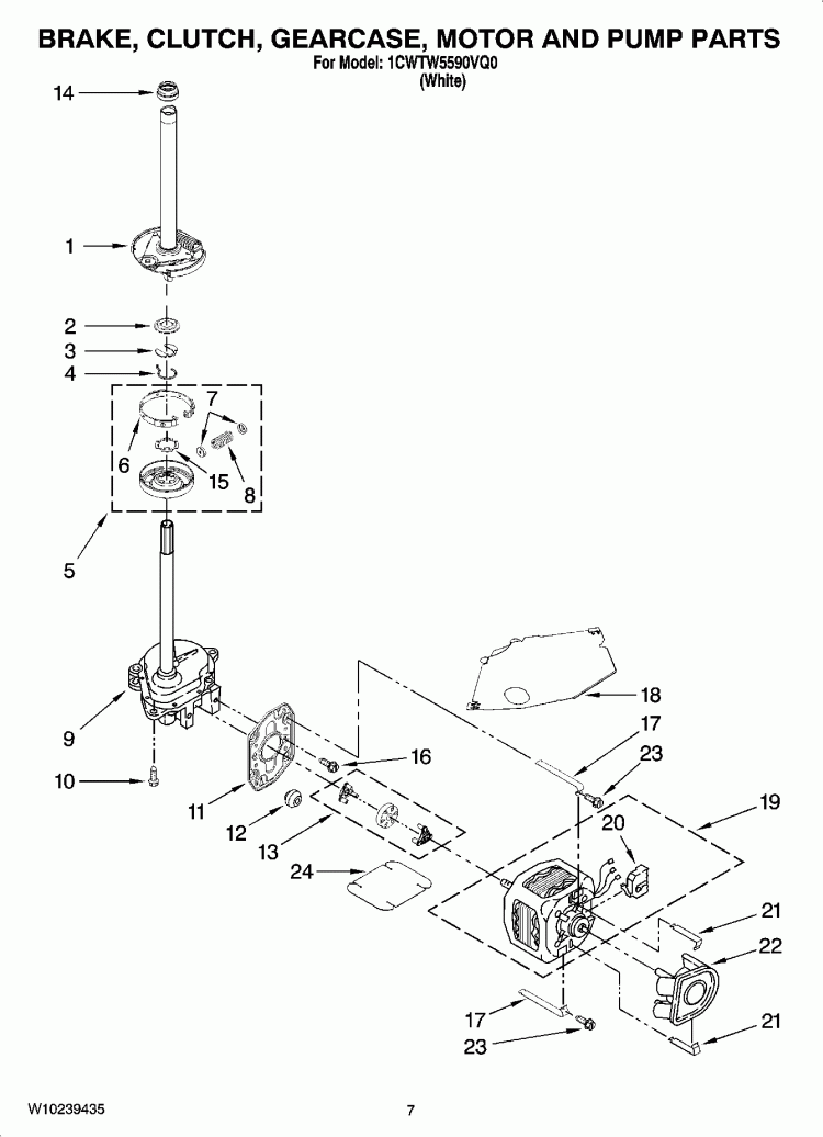 BRAKE, CLUTCH, GEARCASE, MOTOR AND PUMP PARTS Diagram and Parts List for 1CWTW5590VQ0  Whirlpool Washer